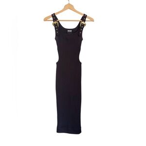 Versace Jeans Couture Black Buckle Strap Cut-out Ribbed Fitted Midi Dress sz 0